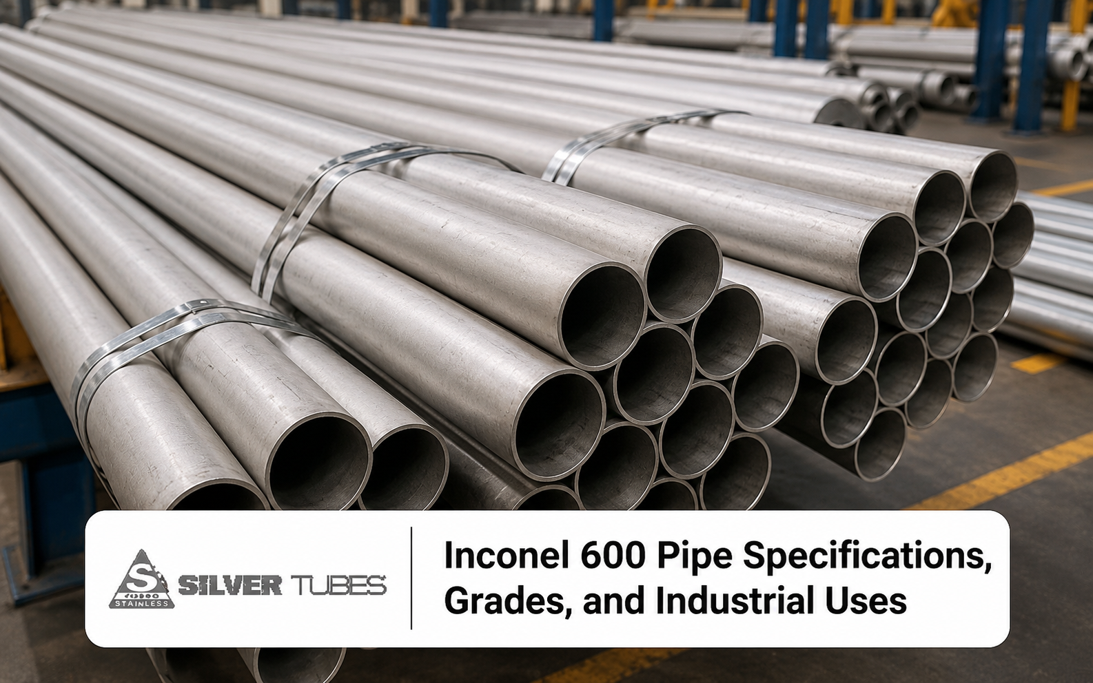 Bundled Inconel 600 seamless pipes in an industrial warehouse.